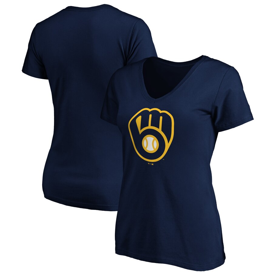 Milwaukee Brewers Women's Core Official Logo V-Neck T-Shirt - Navy MLB Ladies V-Neck