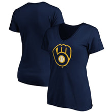 Load image into Gallery viewer, Milwaukee Brewers Women&#39;s Core Official Logo V-Neck T-Shirt - Navy MLB Ladies V-Neck
