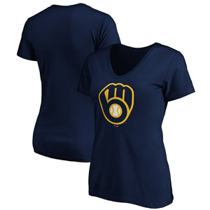 Milwaukee Brewers Women's Core Official Logo V-Neck T-Shirt - Navy MLB Ladies V-Neck