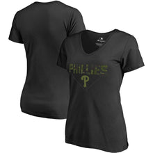 Load image into Gallery viewer, Philadelphia Phillies Women&#39;s Plus Size Camo T-Shirt - Black MLB Ladies V-Neck
