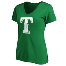 Load image into Gallery viewer, Texas Rangers Women&#39;s St. Patrick&#39;s Day White Team Logo V-Neck T-Shirt - Green MLB Ladies V-Neck
