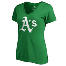 Load image into Gallery viewer, Oakland Athletics Women&#39;s St. Patrick&#39;s Day White Logo Plus Size V-Neck T-Shirt - Kelly Green MLB Ladies V-Neck
