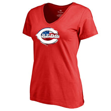 Load image into Gallery viewer, Cincinnati Reds Women&#39;s 2019 Stars &amp; Stripes Banner Wave Plus Size V-Neck T-Shirt - Red MLB Ladies V-Neck
