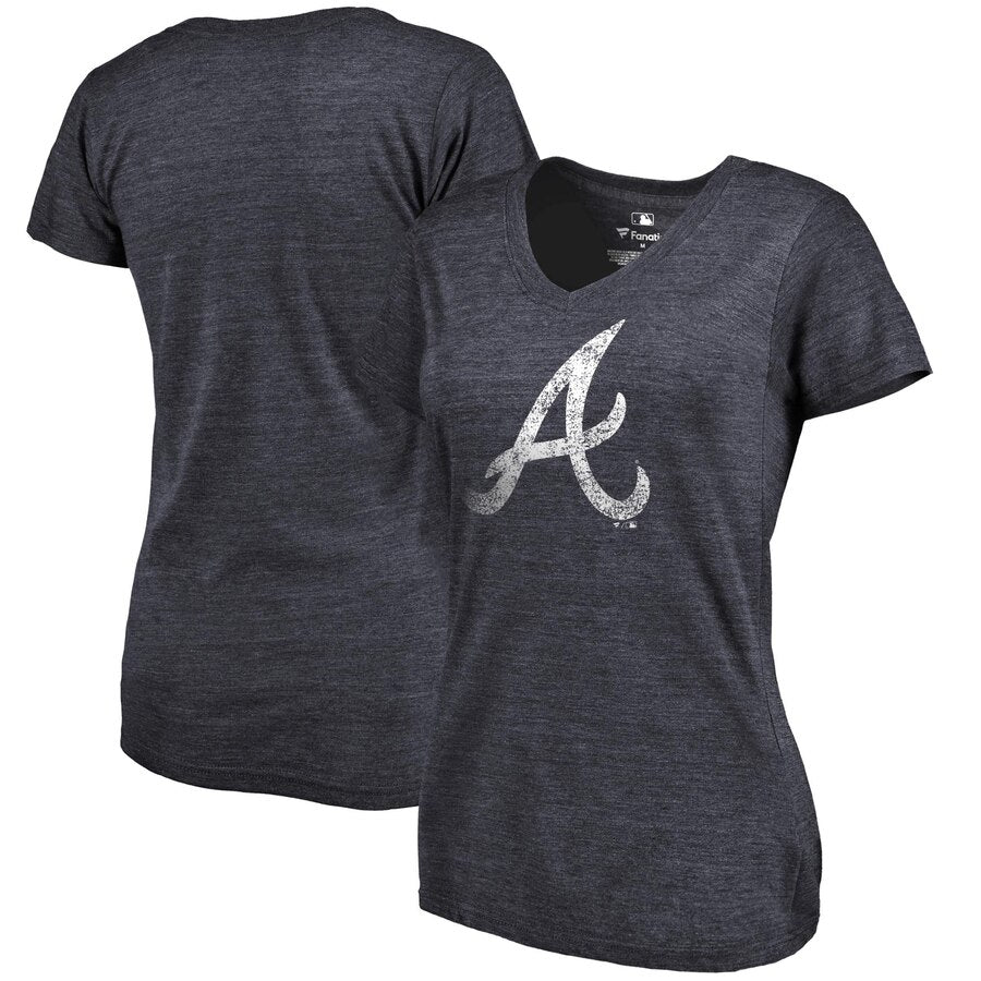 Atlanta Braves Women's Primary Distressed Team Tri-Blend V-Neck T-Shirt - Heathered Navy MLB Ladies V-Neck