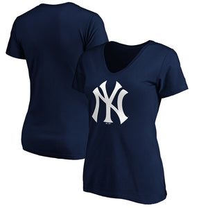 New York Yankees Women's Core Official Logo V-Neck T-Shirt - Navy MLB Ladies V-Neck