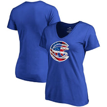 Load image into Gallery viewer, Chicago Cubs Women&#39;s 2019 Stars &amp; Stripes Banner Wave V-Neck T-Shirt - Royal MLB Ladies V-Neck
