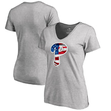 Load image into Gallery viewer, Philadelphia Phillies Women&#39;s 2019 Stars &amp; Stripes Banner Wave Plus Size V-Neck T-Shirt - Heather Gray MLB Ladies V-Neck
