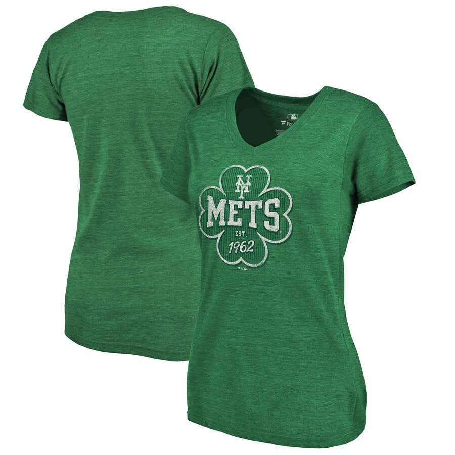 New York Mets Women's 2019 St. Patrick's Day Emerald Isle Tri-Blend V-Neck T-Shirt - Heather Kelly Green MLB Ladies V-Neck