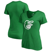 Load image into Gallery viewer, Baltimore Orioles Women&#39;s St. Patrick&#39;s Day White Logo Plus Size V-Neck T-Shirt - Kelly Green MLB Ladies V-Neck
