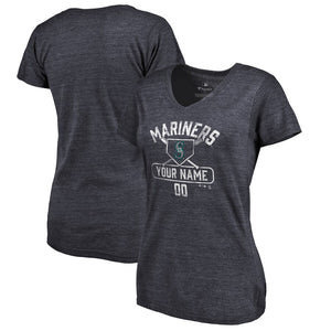 Seattle Mariners Women's Personalized Base Runner Tri-Blend T-Shirt - Navy MLB Ladies V-Neck