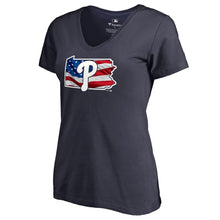 Load image into Gallery viewer, Philadelphia Phillies Women&#39;s 2019 Stars &amp; Stripes Banner State V-Neck T-Shirt - Navy MLB Ladies V-Neck
