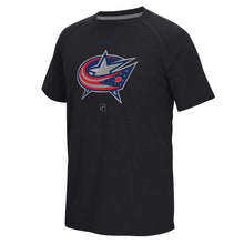 Load image into Gallery viewer, Columbus Blue Jackets Reebok Center Ice Tnt Logo Reflect Supremium Speedwick T-Shirt - Black NHL Guys Tee
