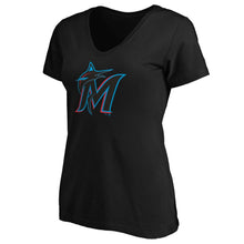 Load image into Gallery viewer, Miami Marlins Women&#39;s Core Official Logo V-Neck T-Shirt - Black MLB Ladies V-Neck
