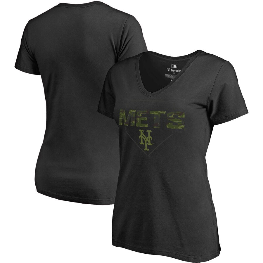 New York Mets Women's Camo T-Shirt - Black MLB Ladies V-Neck