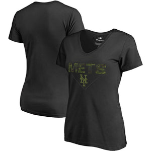 New York Mets Women's Camo T-Shirt - Black MLB Ladies V-Neck