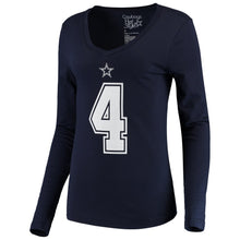 Load image into Gallery viewer, Dak Prescott Dallas Cowboys Women's Player Name &amp; Number V-Neck Long Sleeve T-Shirt - Navy NFL Ladies V-Neck Long Sleeve
