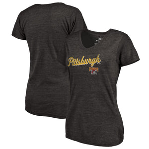 Pittsburgh Pirates Women's Rising Script Tri-Blend V-Neck T-Shirt - Black MLB Ladies V-Neck