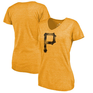 Pittsburgh Pirates Women's Distressed Team Tri-Blend V-Neck T-Shirt - Heathered Gold MLB Ladies V-Neck
