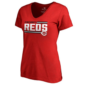 Cincinnati Reds Women's Onside Stripe V-Neck T-Shirt - Red MLB Ladies V-Neck