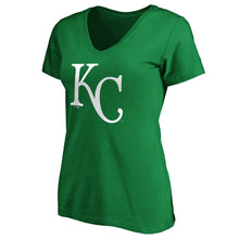 Load image into Gallery viewer, Kansas City Royals Women&#39;s St. Patrick&#39;s Day White Team Logo V-Neck T-Shirt - Green MLB Ladies V-Neck
