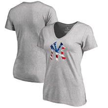 Load image into Gallery viewer, New York Yankees Women&#39;s 2019 Stars &amp; Stripes Banner Wave Plus Size V-Neck T-Shirt - Heather Gray MLB Ladies V-Neck
