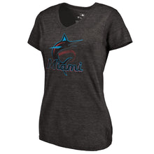 Load image into Gallery viewer, Miami Marlins Women&#39;s Primary Distressed Team Logo Tri-Blend V-Neck T-Shirt - Heathered Black MLB Ladies V-Neck
