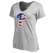 Load image into Gallery viewer, Philadelphia Phillies Women&#39;s 2019 Stars &amp; Stripes Banner Wave Plus Size V-Neck T-Shirt - Heather Gray MLB Ladies V-Neck
