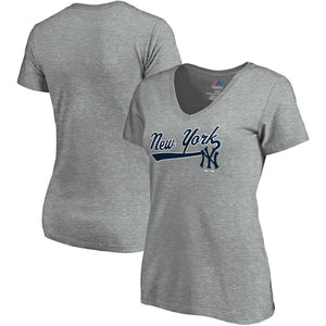 New York Yankees Women's Showtime V-Neck T-Shirt - Heathered Gray MLB Ladies V-Neck