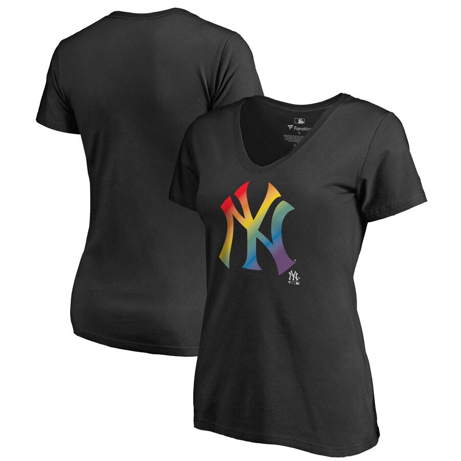 New York Yankees Women's Pride T-Shirt - Black MLB Ladies V-Neck