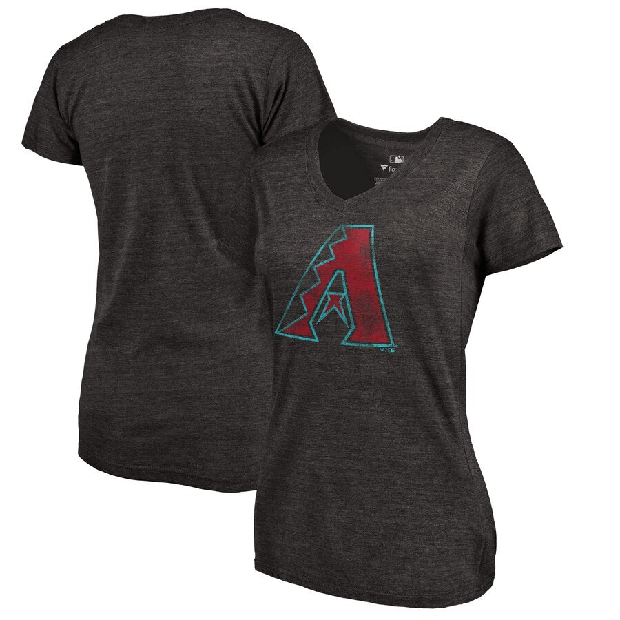 Arizona Diamondbacks Women's Distressed Team Tri-Blend V-Neck T-Shirt - Heathered Black MLB Ladies V-Neck