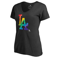 Load image into Gallery viewer, Los Angeles Dodgers Women&#39;s Pride T-Shirt - Black MLB Ladies V-Neck
