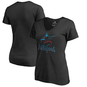Miami Marlins Women's Team Color Primary Logo V-Neck T-Shirt - Black MLB Ladies V-Neck