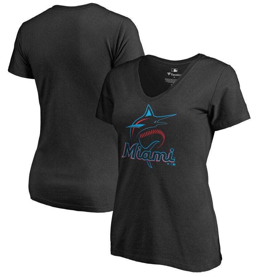 Miami Marlins Women's Team Color Primary Logo V-Neck T-Shirt - Black MLB Ladies V-Neck