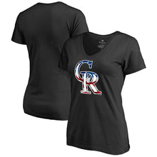 Load image into Gallery viewer, Colorado Rockies Women&#39;s 2019 Stars &amp; Stripes Banner Wave V-Neck T-Shirt - Black MLB Ladies V-Neck
