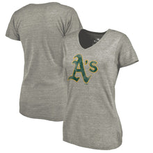 Load image into Gallery viewer, Oakland Athletics Women&#39;s Distressed Team Tri-Blend V-Neck T-Shirt - Heathered Gray MLB Ladies V-Neck
