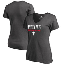 Load image into Gallery viewer, Philadelphia Phillies Women&#39;s Win Stripe V-Neck T-Shirt - Ash MLB Ladies V-Neck

