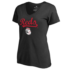 Cincinnati Reds Women's Team Lockup T-Shirt - Black MLB Ladies V-Neck