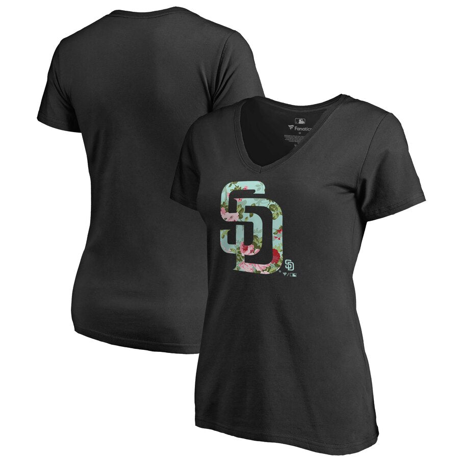 San Diego Padres Women's Lovely V-Neck T-Shirt - Black MLB Ladies V-Neck