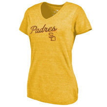 Load image into Gallery viewer, San Diego Padres Women&#39;s Rising Script Tri-Blend V-Neck T-Shirt - Gold MLB Ladies V-Neck
