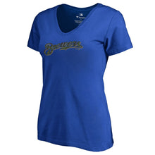 Load image into Gallery viewer, Milwaukee Brewers Women&#39;s Armed Forces Wordmark T-Shirt - Royal MLB Ladies V-Neck
