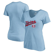 Load image into Gallery viewer, Minnesota Twins Women&#39;s Cooperstown Collection Wahconah T-Shirt - Light Blue MLB Ladies V-Neck
