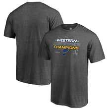 Load image into Gallery viewer, St. Louis Blues 2019 Western Conference Champions Locker Room T-Shirt - Heather Charcoal NHL Guys Tee
