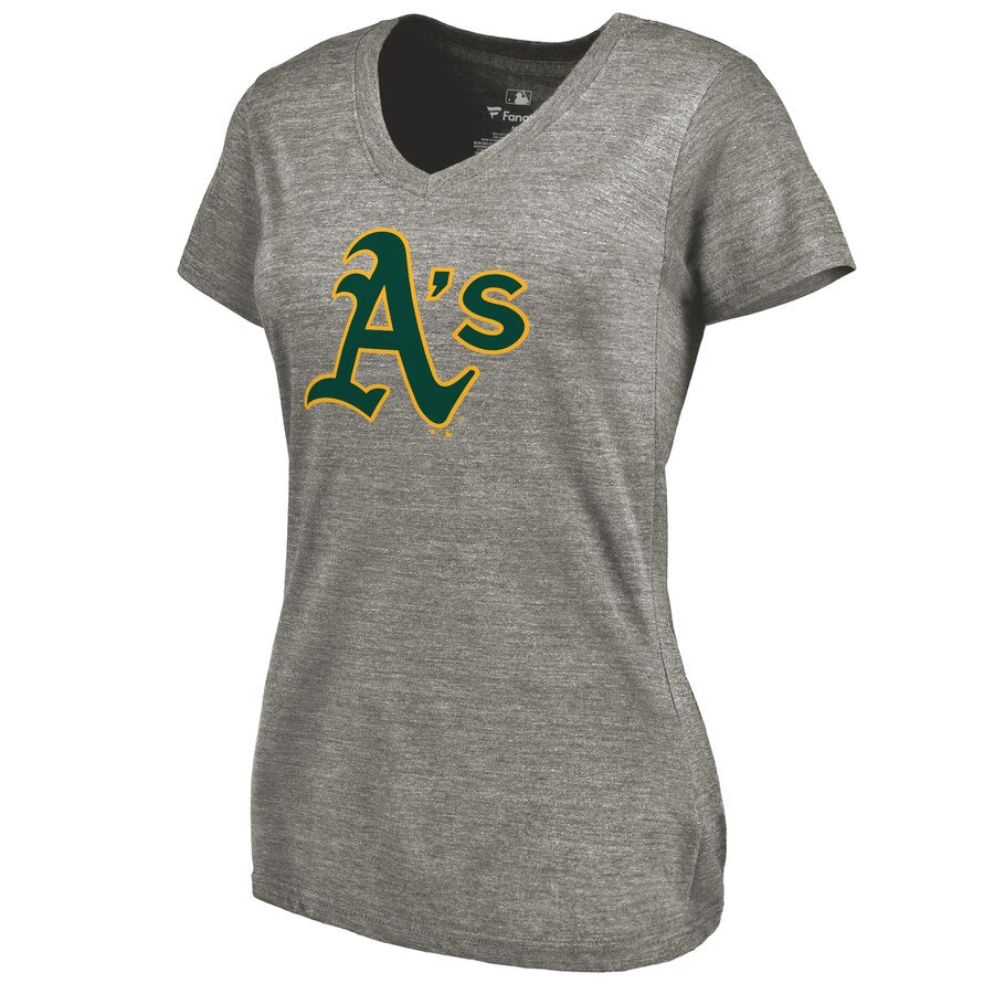 Oakland Athletics Women's Primary Logo Tri-Blend V-Neck T-Shirt - Ash MLB Ladies V-Neck