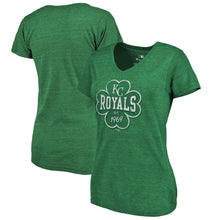 Load image into Gallery viewer, Kansas City Royals Women&#39;s 2019 St. Patrick&#39;s Day Emerald Isle Tri-Blend V-Neck T-Shirt - Heather Kelly Green MLB Ladies V-Neck
