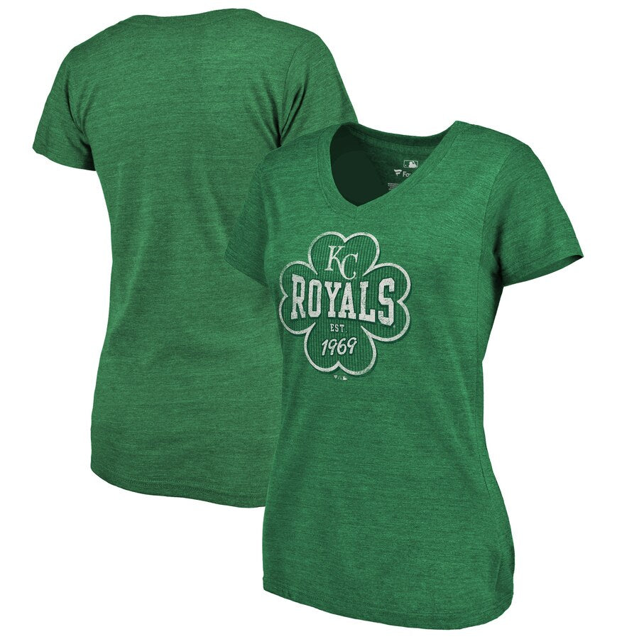 Kansas City Royals Women's 2019 St. Patrick's Day Emerald Isle Tri-Blend V-Neck T-Shirt - Heather Kelly Green MLB Ladies V-Neck