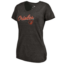 Load image into Gallery viewer, Baltimore Orioles Women&#39;s Rising Script Tri-Blend V-Neck T-Shirt - Heathered Black MLB Ladies V-Neck
