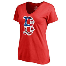 Load image into Gallery viewer, Boston Red Sox Women&#39;s 2019 Stars &amp; Stripes Banner Wave V-Neck T-Shirt - Red MLB Ladies V-Neck
