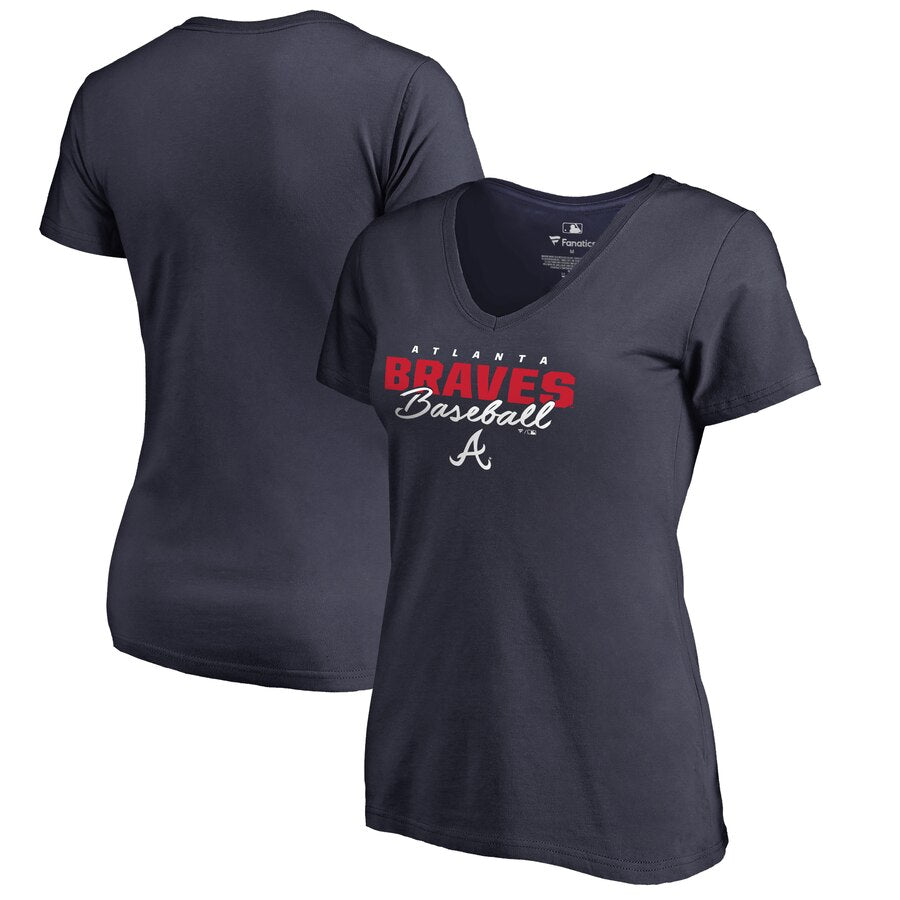 Atlanta Braves Women's Script Assist V-Neck T-Shirt - Navy MLB Ladies V-Neck