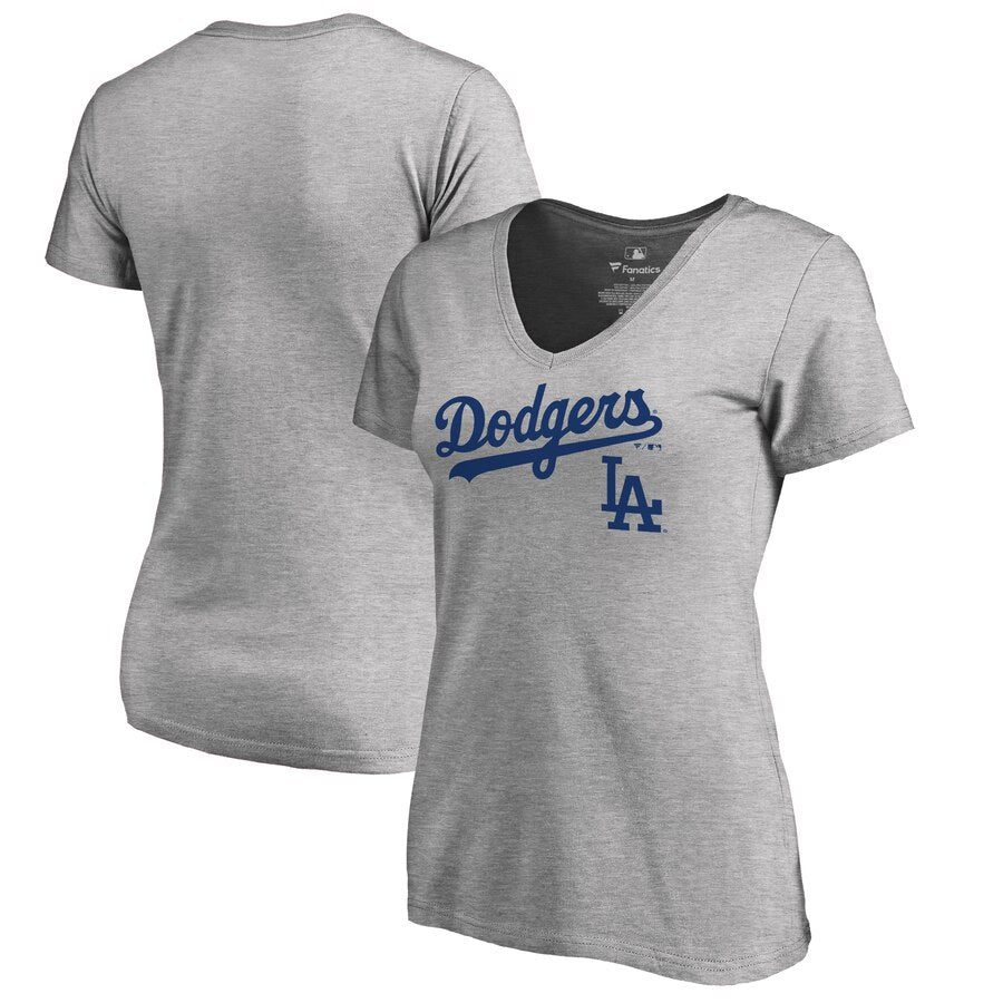 Los Angeles Dodgers Women's Plus Sizes Team Lockup T-Shirt - Ash MLB Ladies V-Neck