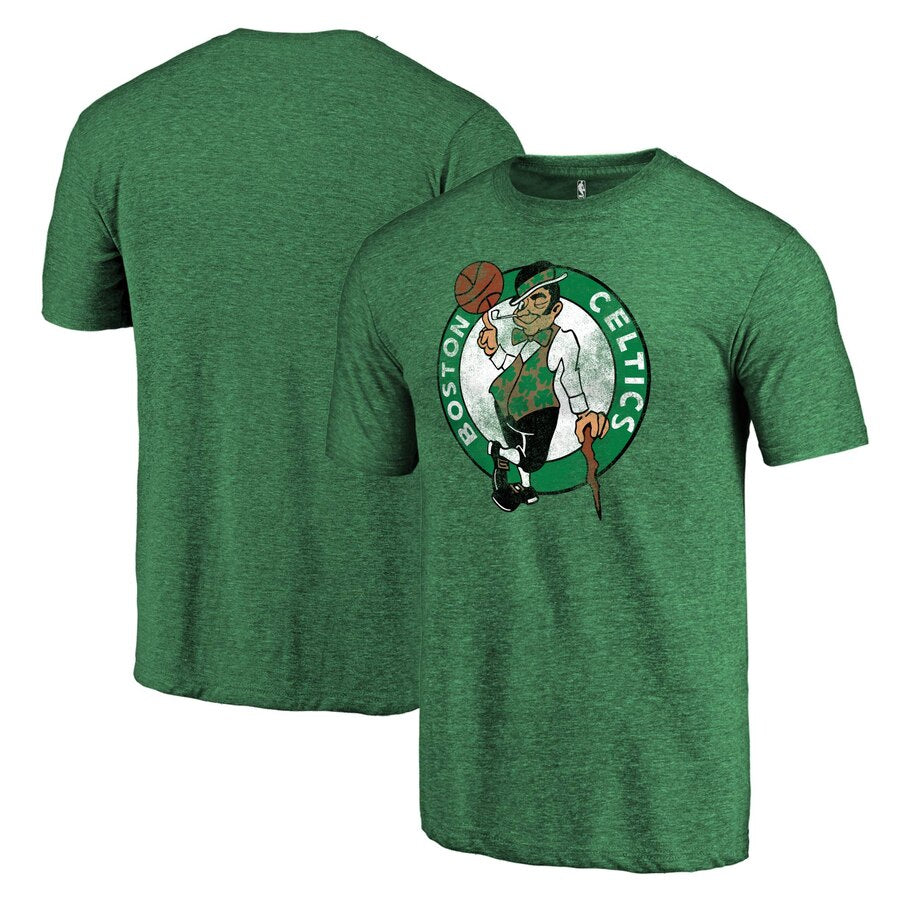 Boston Celtics Distressed Team Logo Tri-Blend Crew Neck T-Shirt - Heathered Green NBA Guys Tee